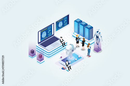 Modern Isometric artificial intelligence robot learning illustration, Web Banner, Suitable for Diagrams, Infographics, Book Illustrations, Game Assets and Other Graphic Related Assets