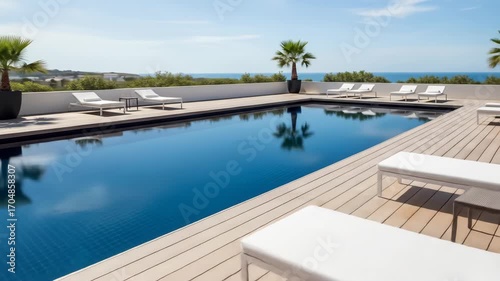 Swimming pool on roof deck with ocean view and tropical plants.