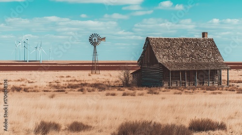 Rustic Cabin in Open Field with Windmill and Modern Wind Turbines
