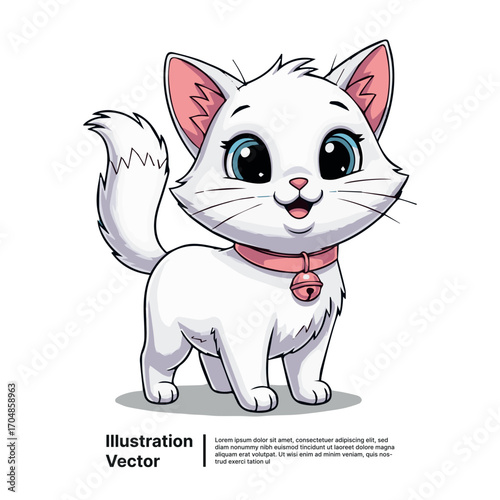 Adorable white kitten cartoon illustration with charming blue eyes and pink bell collar, embodying friendly pet companionship and happiness