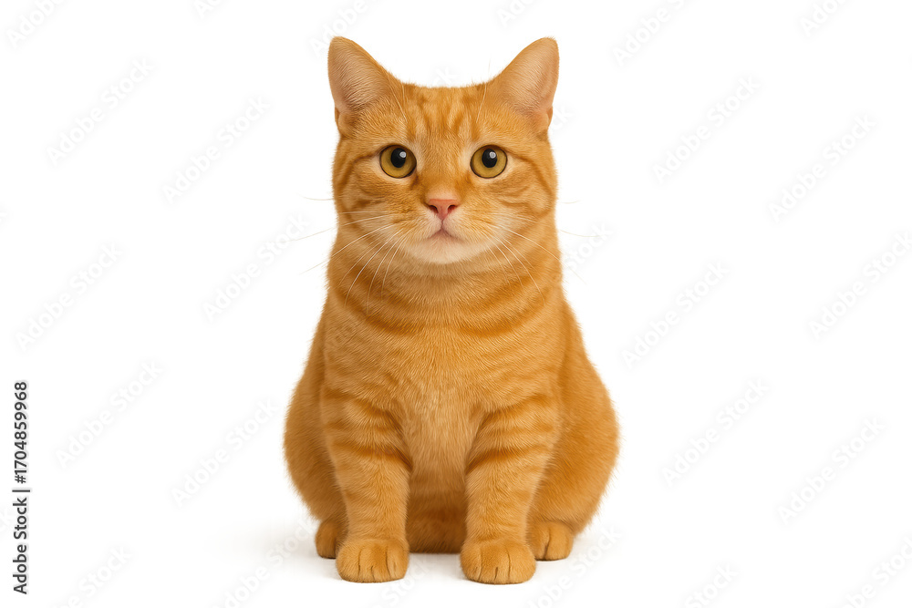 Fototapeta premium Cheerful ginger cat with bright eyes and a smiling expression isolated on pure white background clean cutout for playful pet branding and design uses