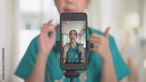 Young adult woman asia Gen Z people anti aging expert modern nurse live talk viral video selfie camera on mobile phone app mental health care. Online sharing digital virtual asian vlogger filming.