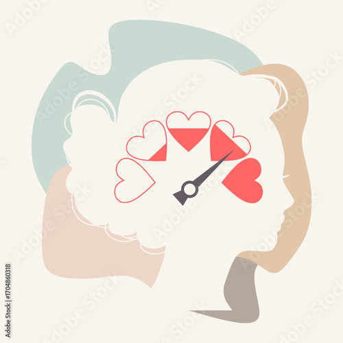 Color scale with arrow and heart shape icons. The measuring device icon. Sign of indicator. Illustration in flat style. Colorful infographic gauge element. Love meter with woman head.