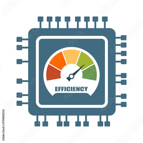 Instrument scale with arrow inside CPU microprocessor. Efficiency level measuring device