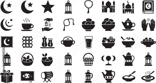 Ramadan Kareem celebration elements with lanterns, crescent moon, star, prayer beads, dates, and gifts, originally vector for versatile designs