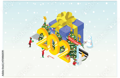 Isometric illustration Christmas and New year design concept. People Celebrates Christmas and New Year with Christmas tree, gift boxes and Snowman. Suitable for Infographics and Book Illustration