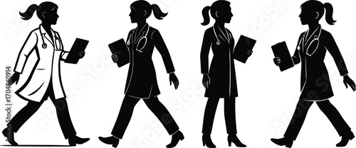 Collection of female doctor silhouettes walking with medical records for healthcare applications 