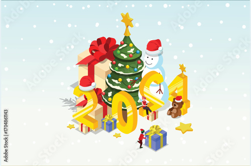 Isometric illustration Christmas and New year design concept. People Celebrates Christmas and New Year with Christmas tree, gift boxes and Snowman. Suitable for Infographics and Book Illustration