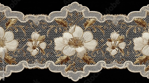 Wallpaper Mural Elegant embroidered lace trim with floral motif in off-white and gold Torontodigital.ca