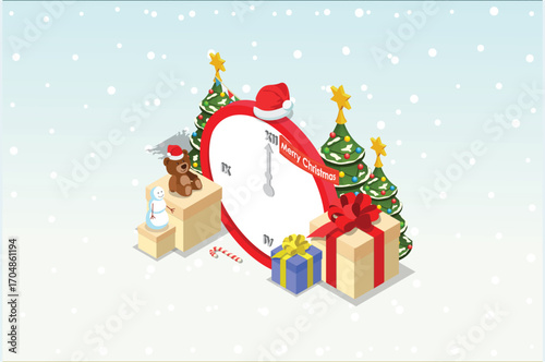 Isometric illustration Christmas and New year design concept. People Celebrates Christmas and New Year with Christmas tree, gift boxes and Snowman. Suitable for Infographics and Book Illustration