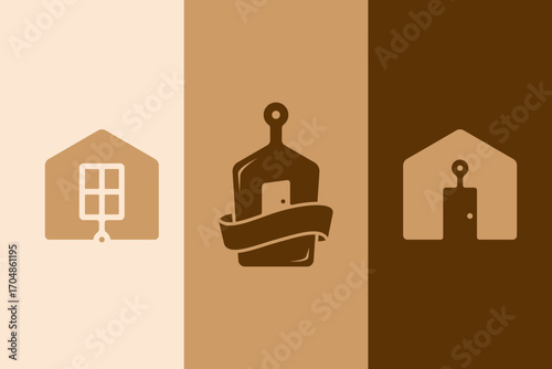 Modern home kitchen logo set. House, cutting board, and spatula icons for home cooking brand
