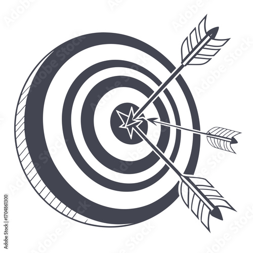 A target with three arrows hitting the bullseye in a black and white illustration design concept style