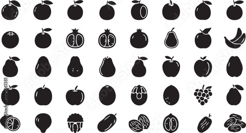 Fresh fruits assortment for healthy eating promotion, black and white vector design for nutrition guide, organic food store branding or diet plan recipe