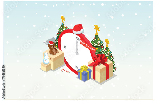 Isometric illustration Christmas and New year design concept. People Celebrates Christmas and New Year with Christmas tree, gift boxes and Snowman. Suitable for Infographics and Book Illustration
