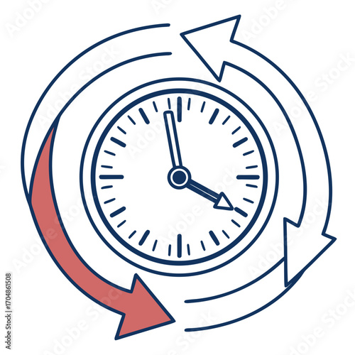 Clock face surrounded by rotating arrows indicating time management and cyclical processes concept design