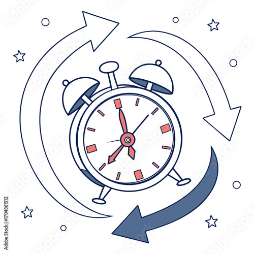 Illustration of an alarm clock with arrows circling it indicating time passing and stars and circles around