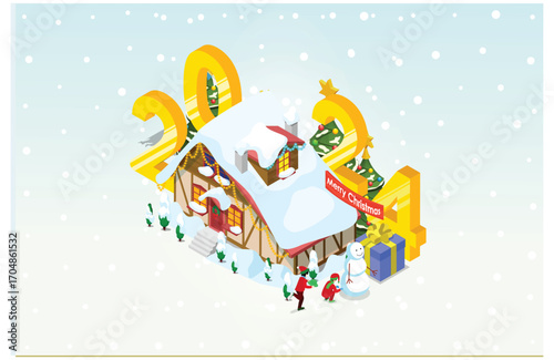 Isometric illustration Christmas and New year design concept. People Celebrates Christmas and New Year with Christmas tree, gift boxes and Snowman. Suitable for Infographics and Book Illustration