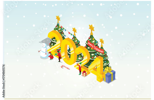 Isometric illustration Christmas and New year design concept. People Celebrates Christmas and New Year with Christmas tree, gift boxes and Snowman. Suitable for Infographics and Book Illustration