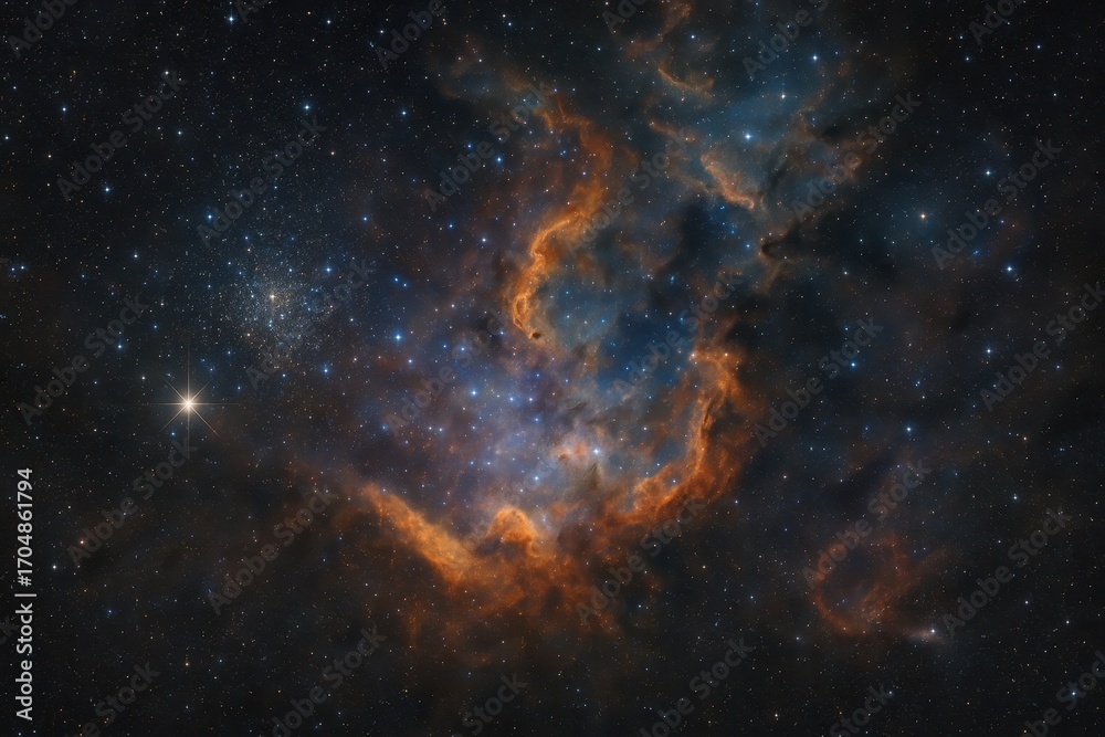 Naklejka premium Majestic deep space panorama with radiant nebulae star forming regions dark dust lanes and distant galaxies revealing a vast luminous cosmic tapestry