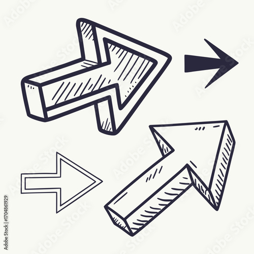 A collection of four hand drawn arrows pointing to the right in varying styles and orientations shown here
