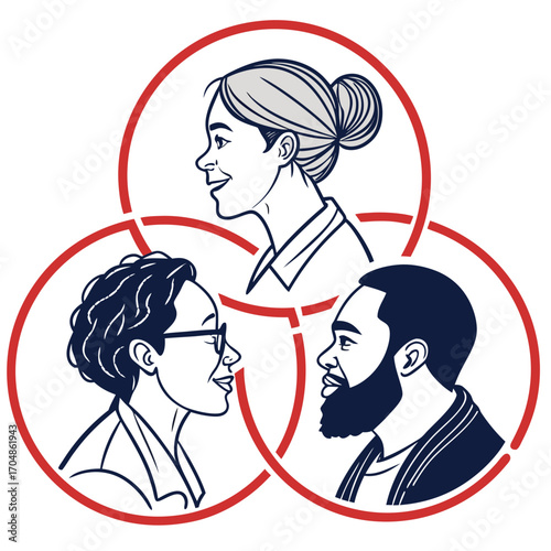 Illustration of three diverse individuals in overlapping circles representing collaboration and teamwork