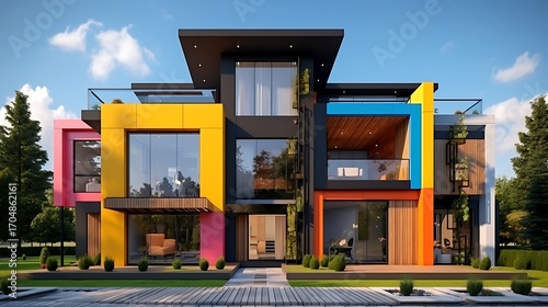 Modern contemporary residence exhibiting colorful geometric design with vibrant aesthetic