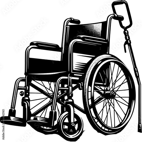 Wheelchair and Cane: A detailed and artistic illustration showcasing a wheelchair and a cane, symbols of mobility aid and accessibility.