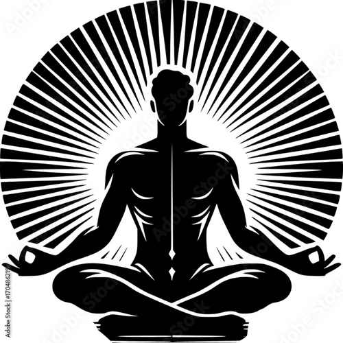 Enlightened Meditation: A silhouette of a meditating individual radiating serene energy and inner peace, enveloped by a halo of emanating light.