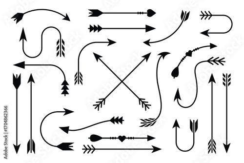 Diverse Black Arrow Graphics Collection on White Background
