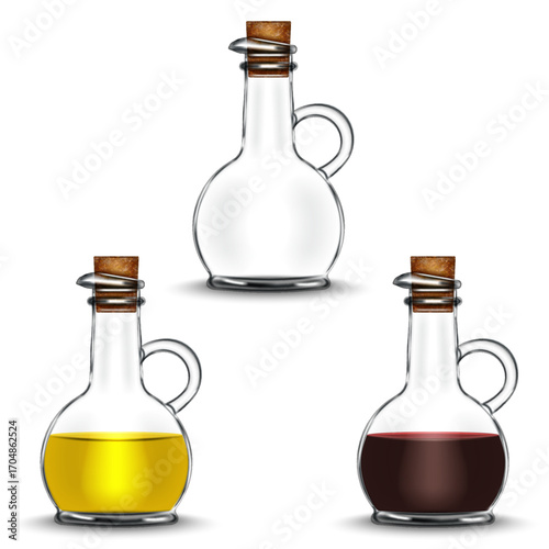 Set of transparent glass jug with cork stoppers filled realistic 3d vector, olive oil, red wine vinegar and empty bottles dispenser isolated on white background front view, detailed food illustration.