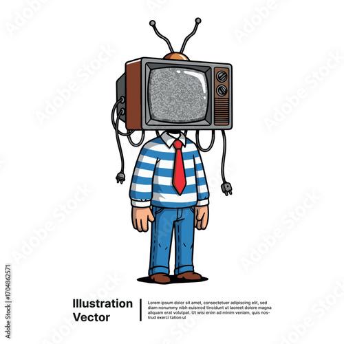 Conceptual illustration of a person with a vintage TV head representing media influence and overload