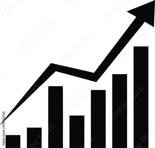 Black and white graphic of a bar chart with an upward trending arrow, representing growth.