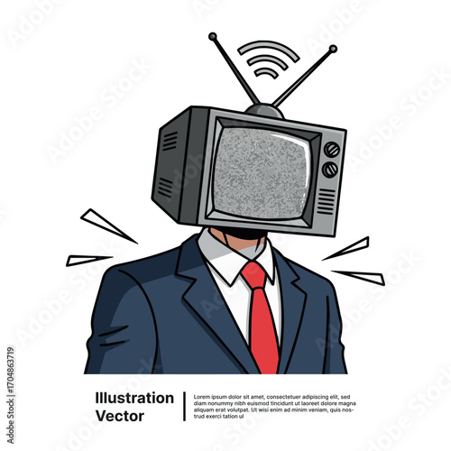 Concept illustration of a professional with a TV head, representing media influence and constant information flow