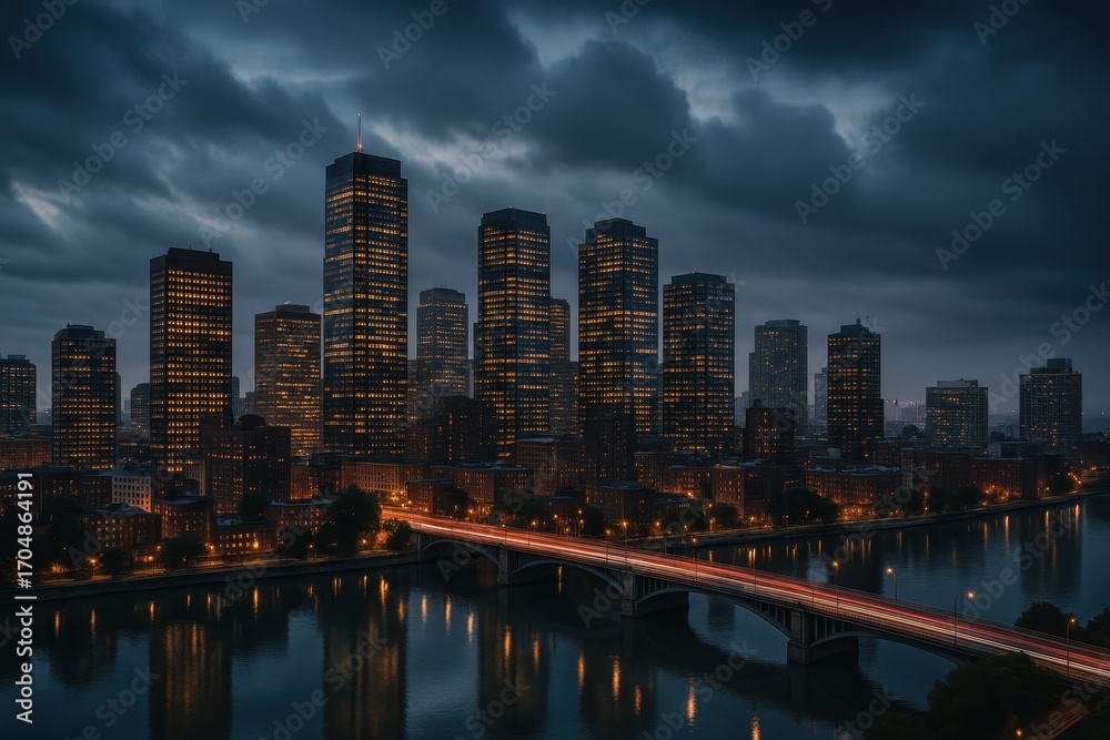 Naklejka premium Panoramic dusk city skyline with shimmering river reflections and glowing skyscraper windows under dramatic twilight clouds and vibrant blue hour