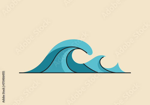 A minimalist vector illustration of a stylized blue ocean wave, a modern graphic design element representing the power and beauty of the sea