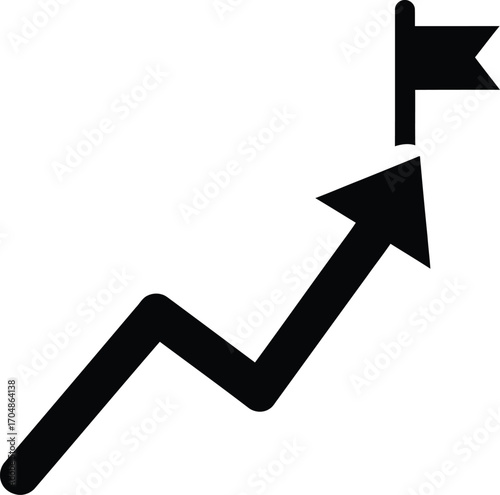 An icon of an upward trending arrow reaching a flag, symbolizing success, progress, and achieving goals.
