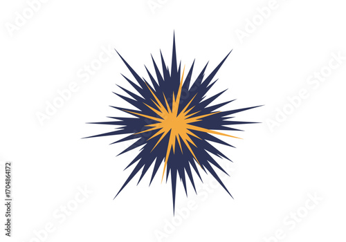 Abstract explosion of sharp navy blue and golden yellow points radiating outwards on a clean white background, symbolizing impact or energy burst