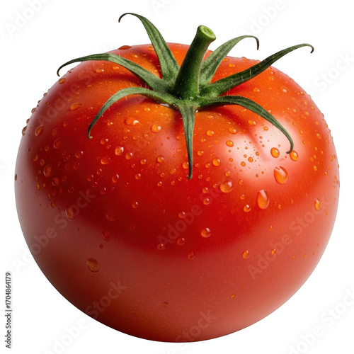 Fresh ripe red tomato with water droplets isolated on transparent background
