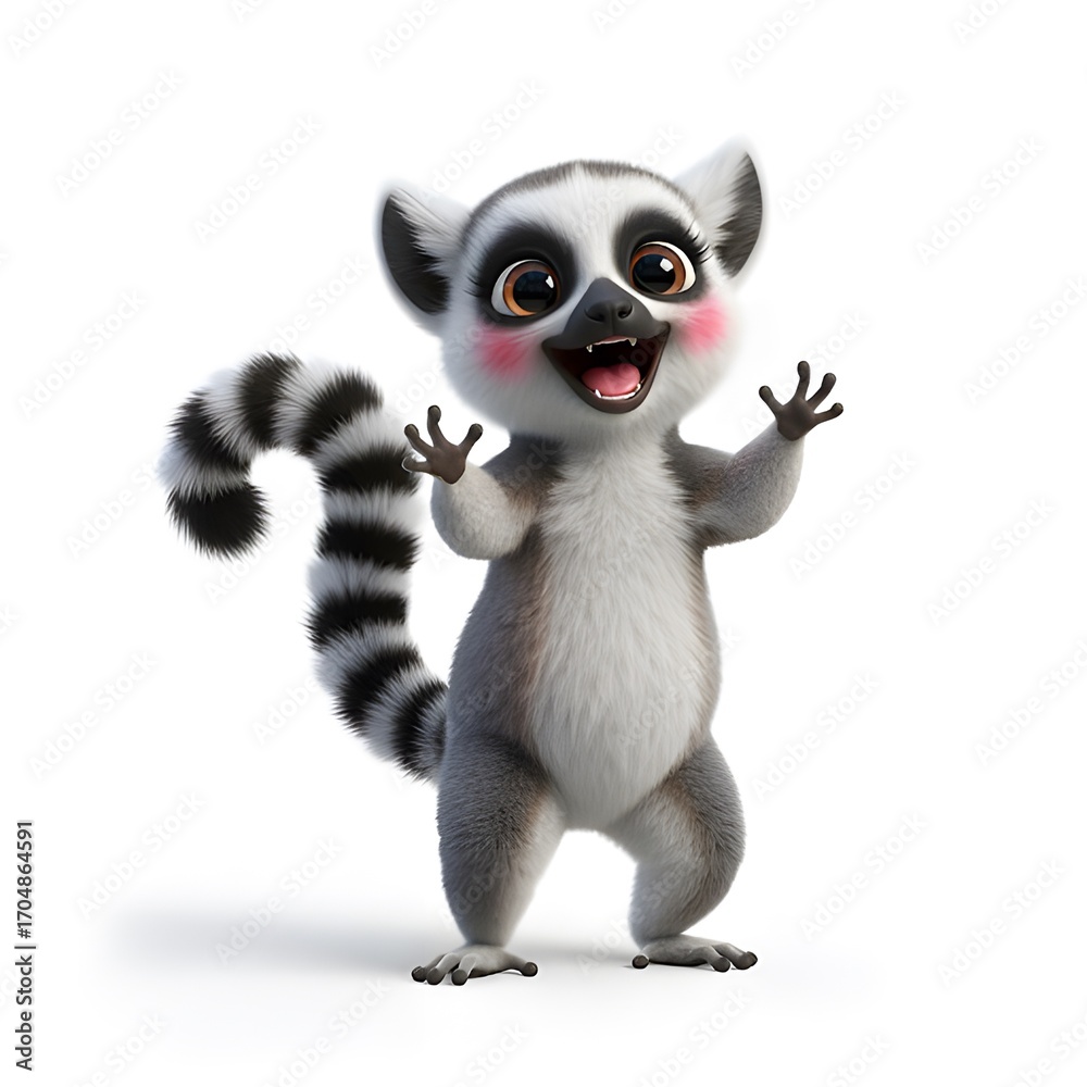 Obraz premium Adorable cartoon lemur waving hello with a joyful expression on a clean white background creating happy vibes
