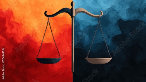 A striking image of a balance scale set against contrasting backgrounds of fiery orange and cool blue, symbolizing justice and equality.
