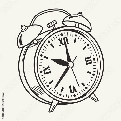 Illustration of a classic alarm clock with roman numerals and bell on top in black and white style