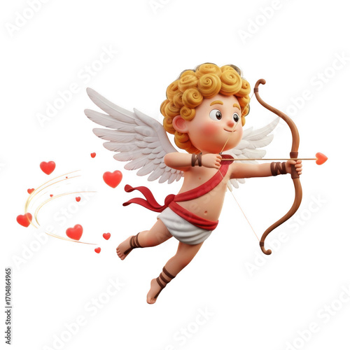 Cute cherub angel with bow and arrow shooting hearts isolated on transparent background