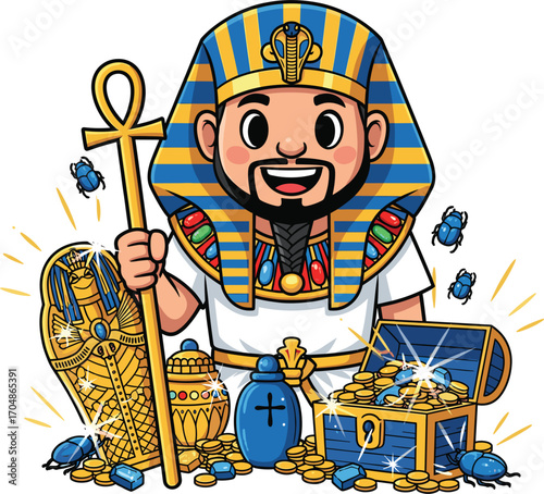Cartoon pharaoh holding ankh staff surrounded by egyptian treasures and scarabs