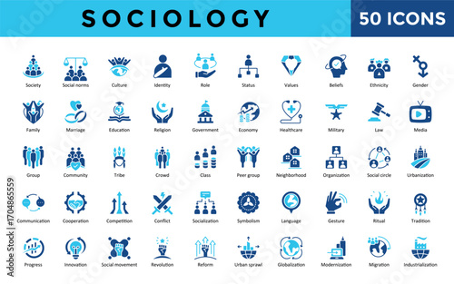  Sociology icons set with society, social norms, culture, identity, role, status, values, beliefs, ethnicity, gender icon. Simple flat vector illustration
