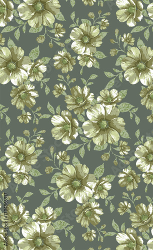 Abstract solid vector textile design, arrangement with monochrome medium and small hibiscus flowers, all-over seamless pattern with green and gray tone color illustration, digital image prints
