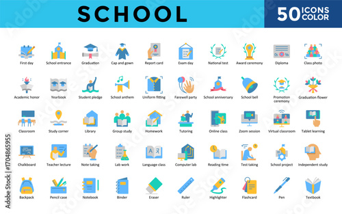 School icons set with first day, school entrance, graduation, cap and gown, report card, exam day, national test, award ceremony, diploma, class photo icon. Simple flat color vector illustration 
