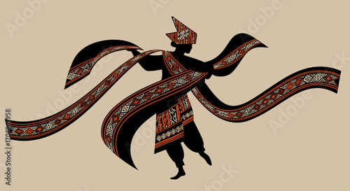Traditional dancer in ornate costume with flowing patterned ribbons, celebrating cultural heritage with graceful movement.