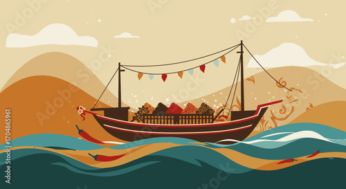 A traditional wooden boat sails on wavy blue water, carrying a cargo of spices and decorated with colorful flags.