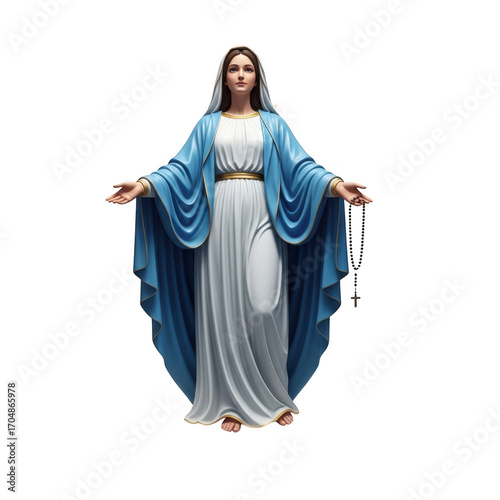 Beautiful depiction of the virgin mary in flowing blue and white robes isolated on transparent background