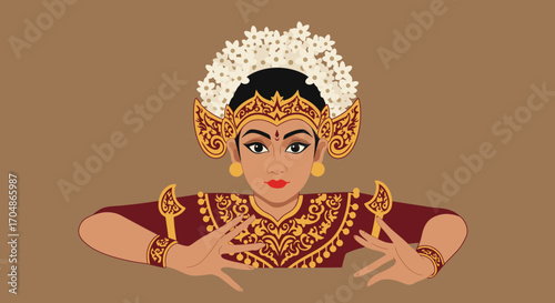Traditional Balinese dancer in ornate costume and headdress performs graceful hand gestures, embodying cultural heritage.